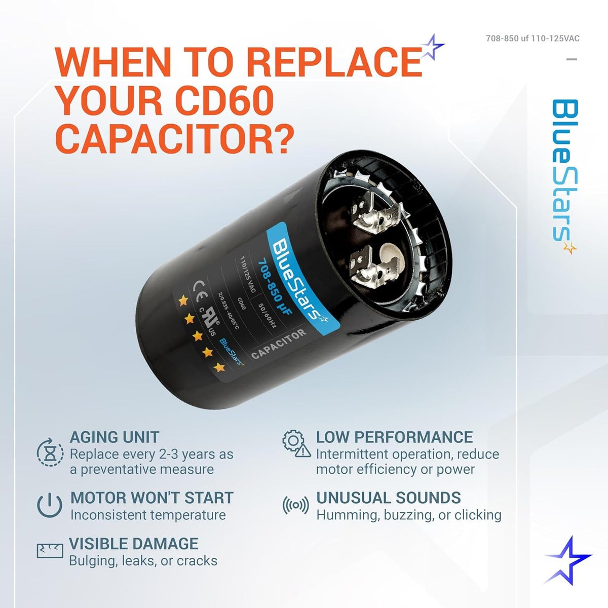 Infographic showing 708-850 uF round start capacitor replacement signs for air conditioners and electric motors.