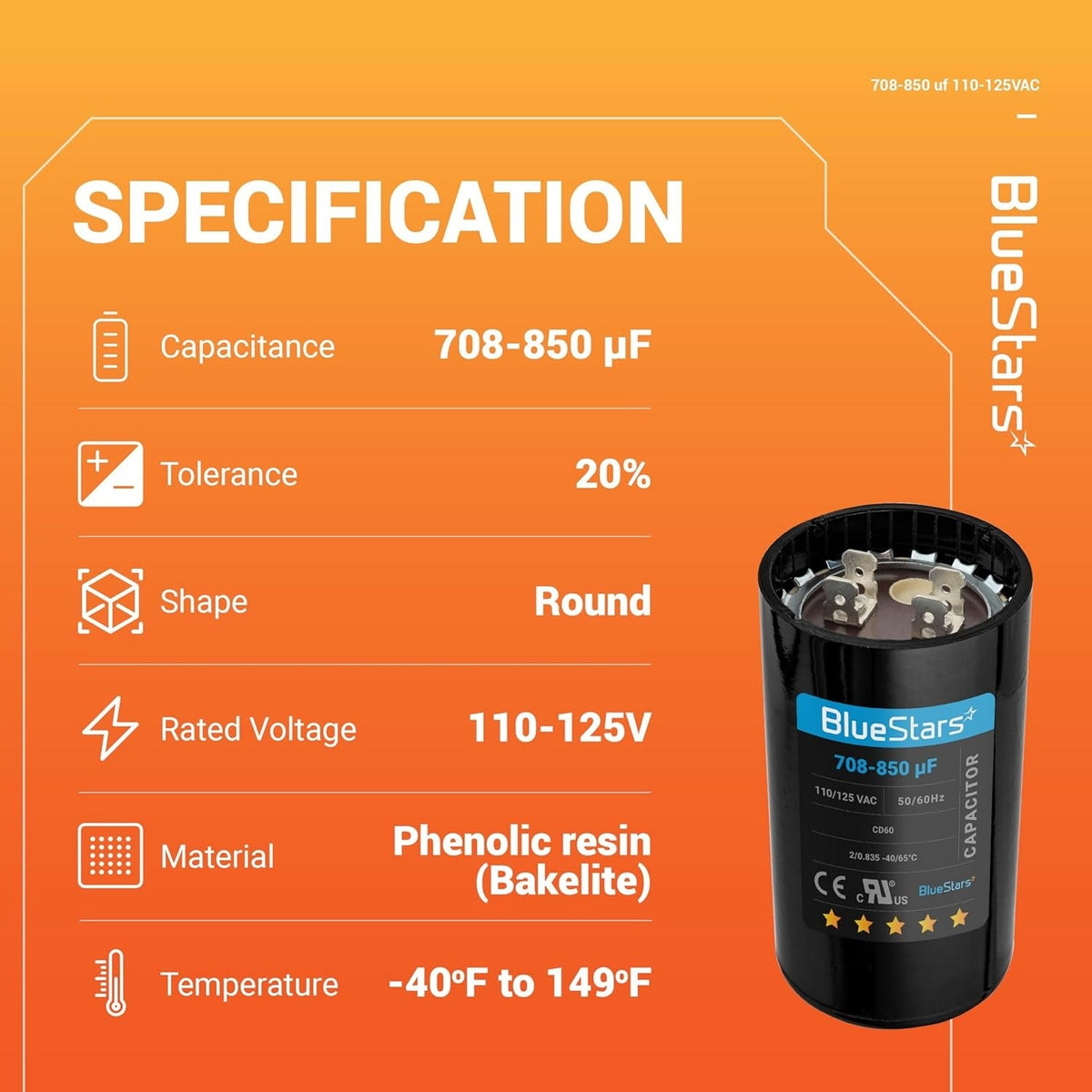 Specification chart for 708-850 uF 110-125 VAC round start capacitor with technical details and product image.