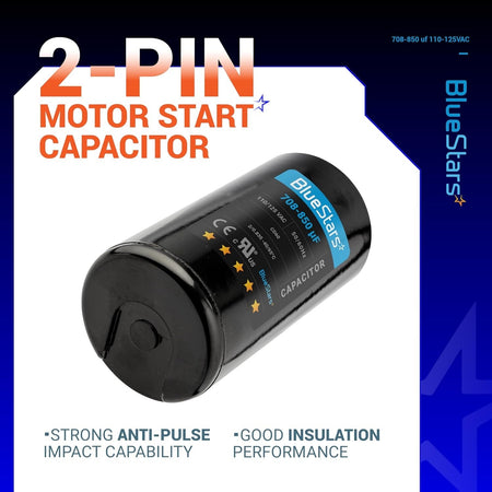 BlueStars 708-850 uF 110-125 VAC round motor start capacitor with 2-pin design for air conditioners and electric motors.