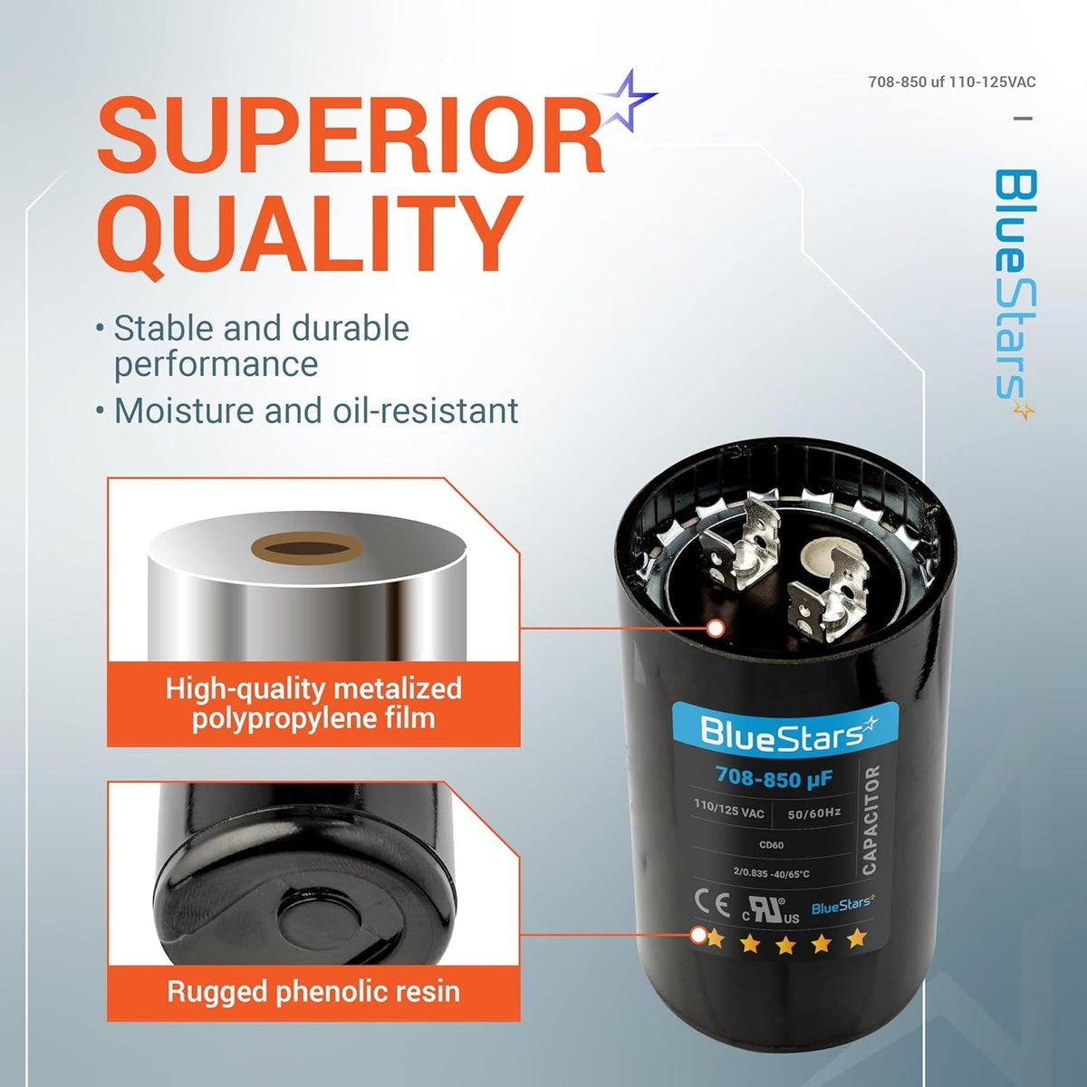 BlueStars 708-850 uF 110-125 VAC round start capacitor showing construction details and terminal connectors.
