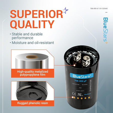 BlueStars 708-850 uF 110-125 VAC round start capacitor showing construction details and terminal connectors.
