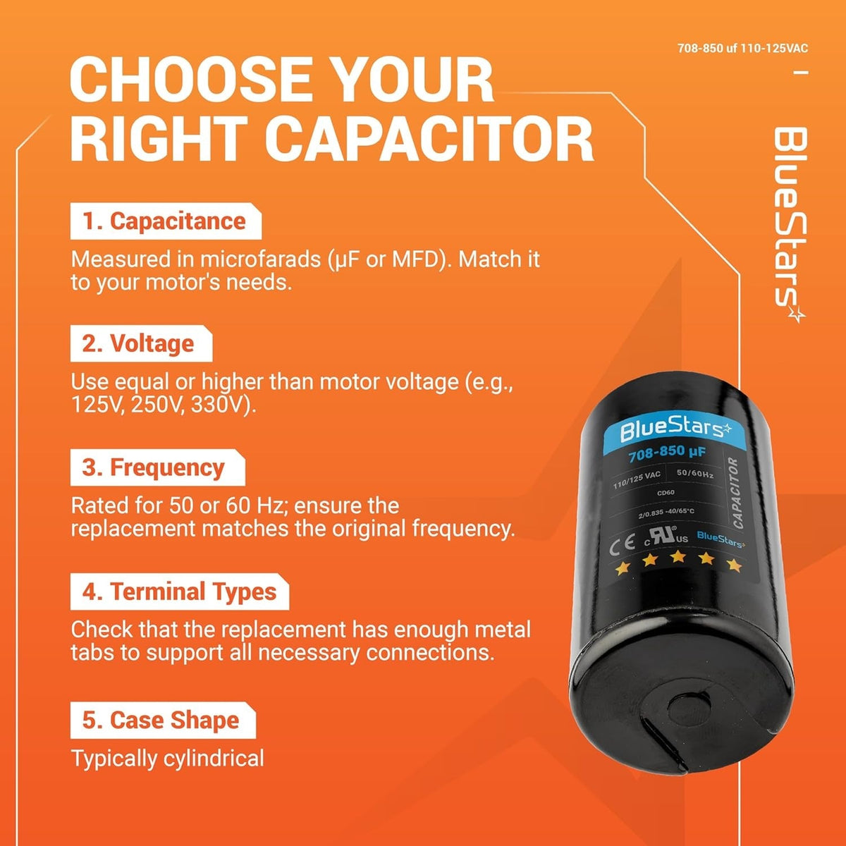 Educational infographic showing how to select a 708-850 uF 110-125 VAC round start capacitor for motors.