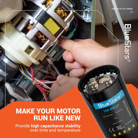Technician installing a 708-850 uF 110-125 VAC round start capacitor into an electric motor.