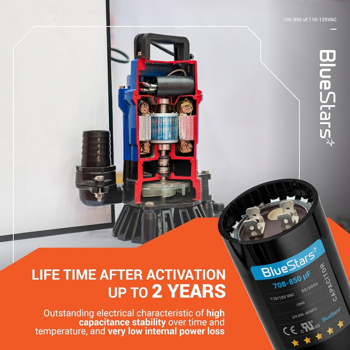 708-850 uF 110-125 VAC round start capacitor for electric motors shown next to a cutaway water pump motor.