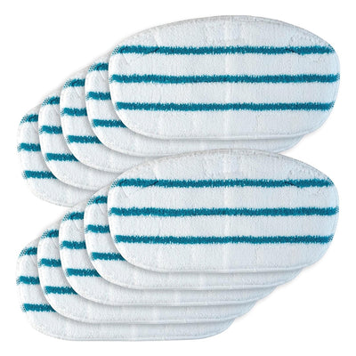 Set of 10 white and blue striped microfiber replacement pads for PurSteam ThermaPro steam mops.