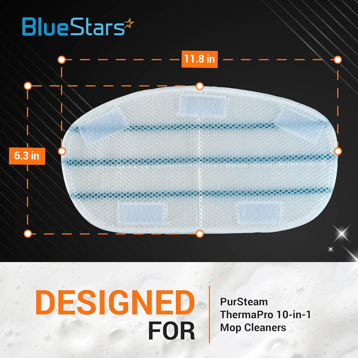 Single microfiber steam mop pad replacement for PurSteam ThermaPro with 11.8 x 6.3 inch dimensions diagram.