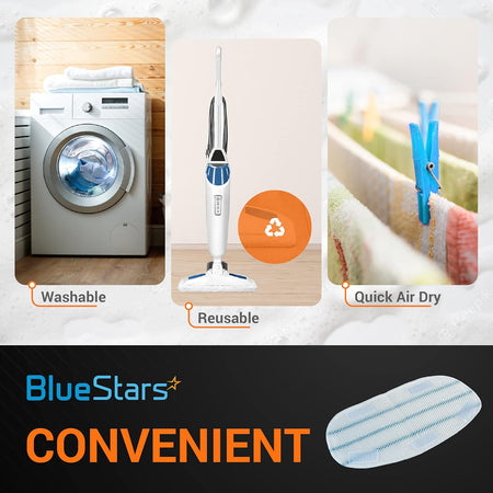 Infographic showing washable and reusable microfiber steam mop pads compatible with PurSteam ThermaPro cleaners.