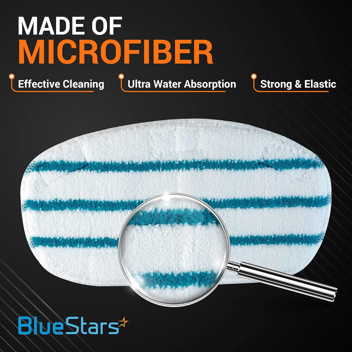Close-up of microfiber steam mop replacement pad with magnifying glass showing texture for PurSteam ThermaPro cleaners.