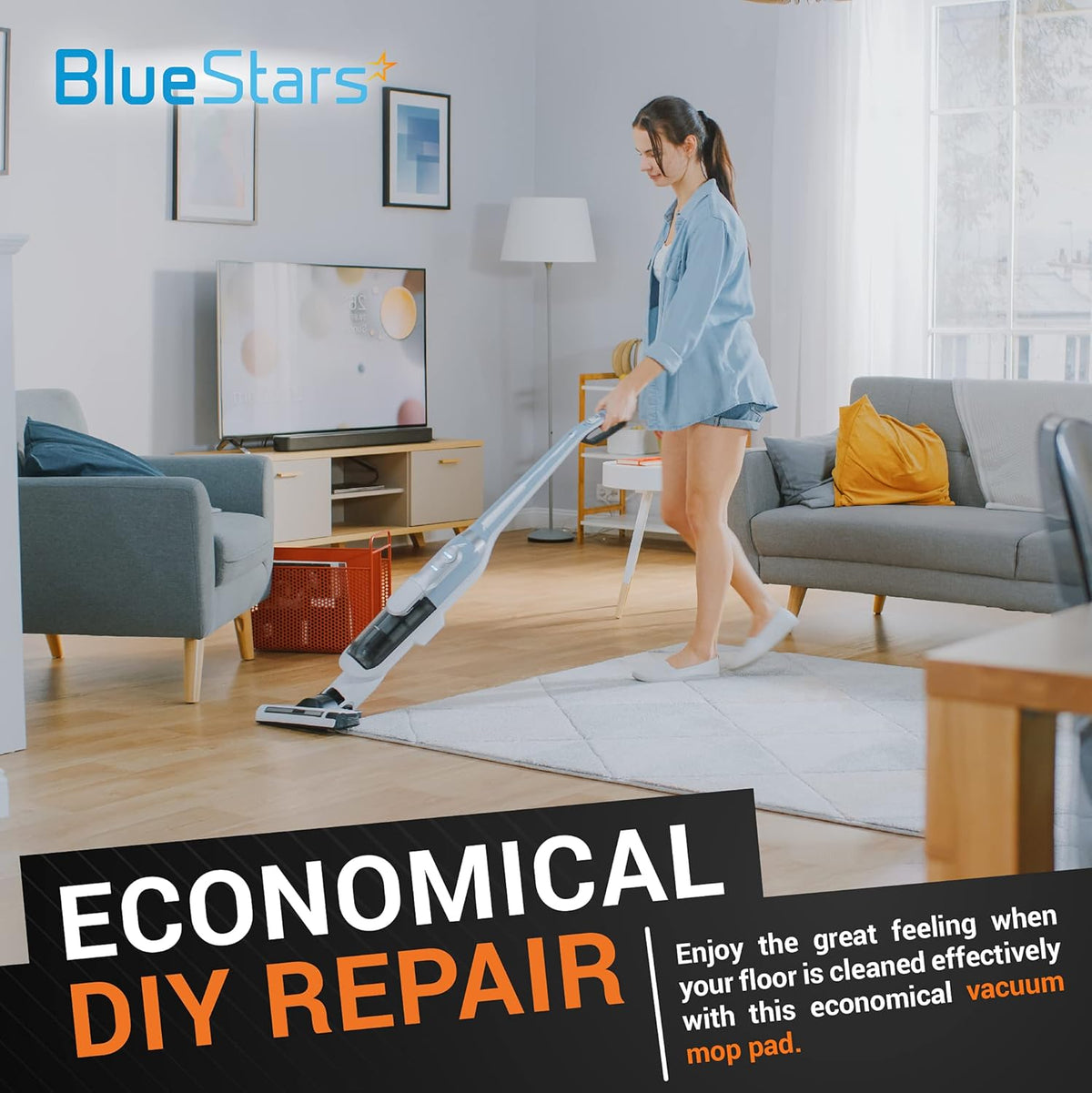 Woman using a steam mop with microfiber replacement pad on a living room rug.