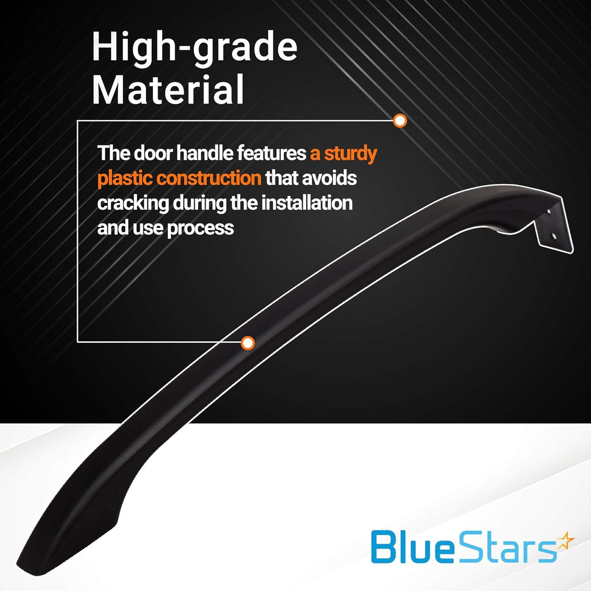 Black refrigerator door handle replacement for Frigidaire with durable plastic construction infographic.