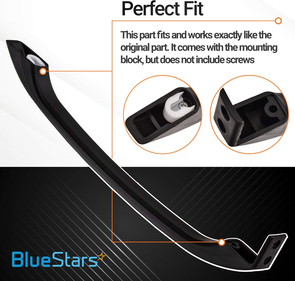 Black 16-3/4 inch refrigerator door handle replacement for Frigidaire with close-up views of mounting blocks.