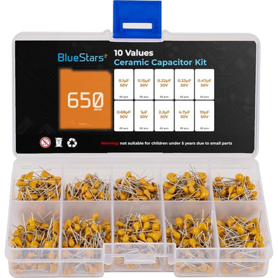BlueStars 650-piece ceramic capacitor assortment kit in a clear plastic storage organizer box with value labels.