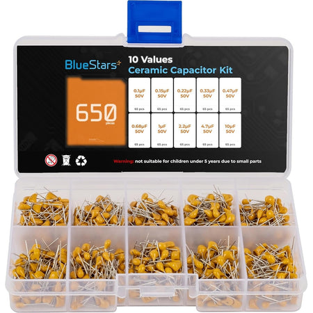 BlueStars 650-piece ceramic capacitor assortment kit in a clear plastic storage organizer box with value labels.
