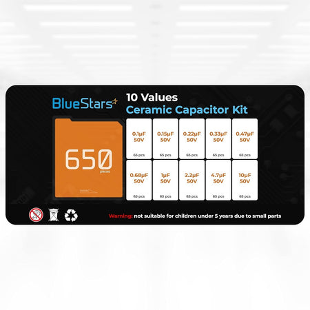 Informational chart for 650-piece ceramic capacitor assortment kit showing 10 different capacitance values.