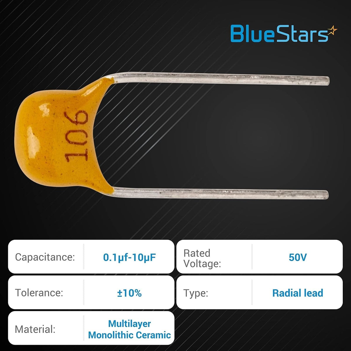 Close-up of a single 106 radial lead multilayer ceramic capacitor from the assortment kit.