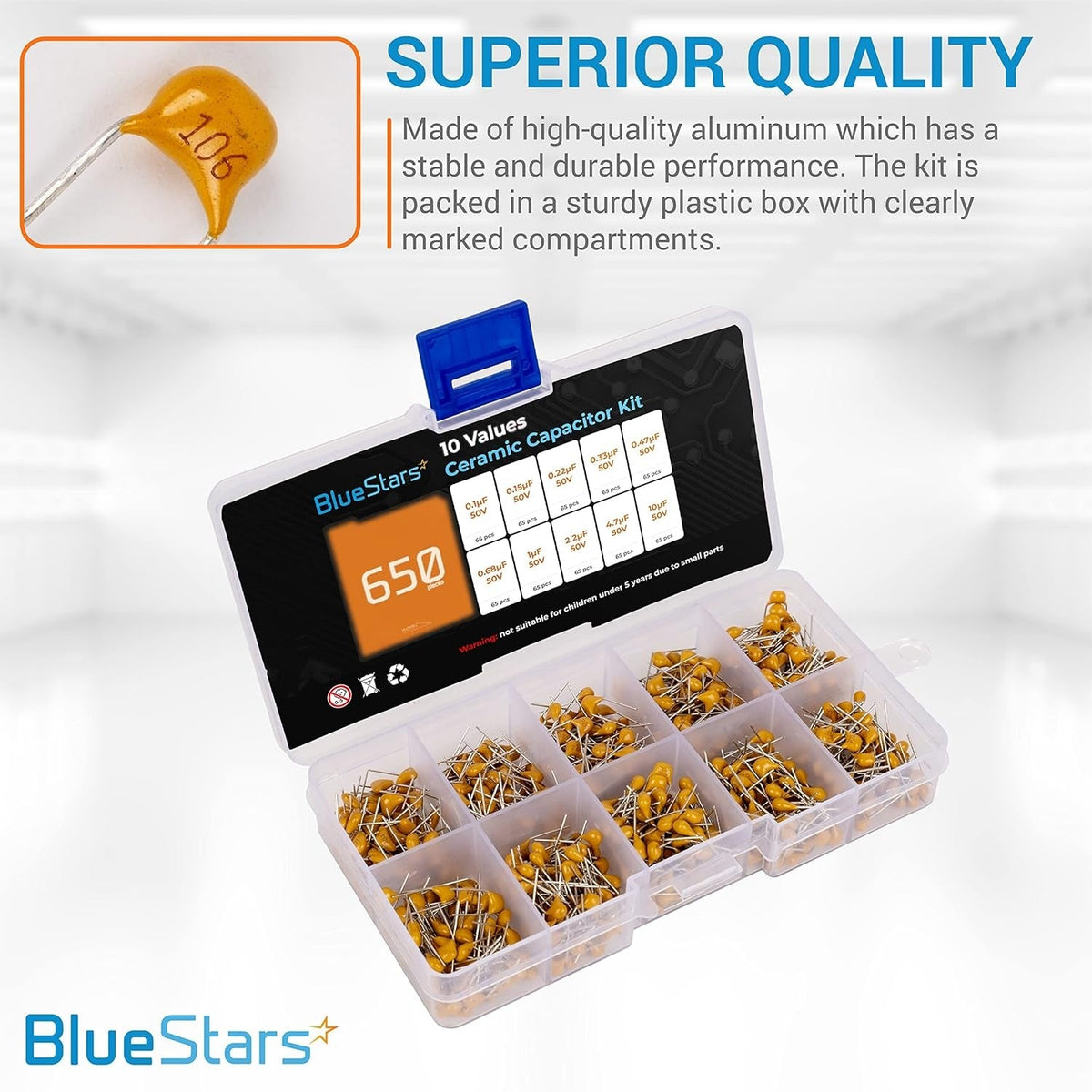Ceramic capacitor assortment kit with 650 pieces in a labeled plastic storage organizer box.