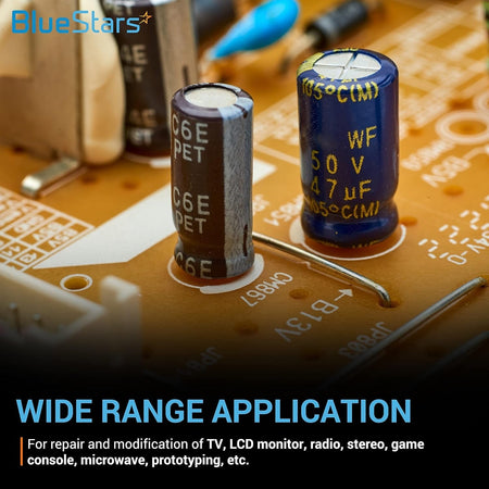 Close-up of electrolytic capacitors installed on an electronic circuit board for repair and modification.