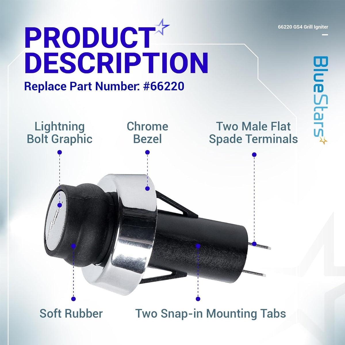 Infographic showing features of 66220 GS4 igniter switch with chrome bezel, rubber button, and male spade terminals.