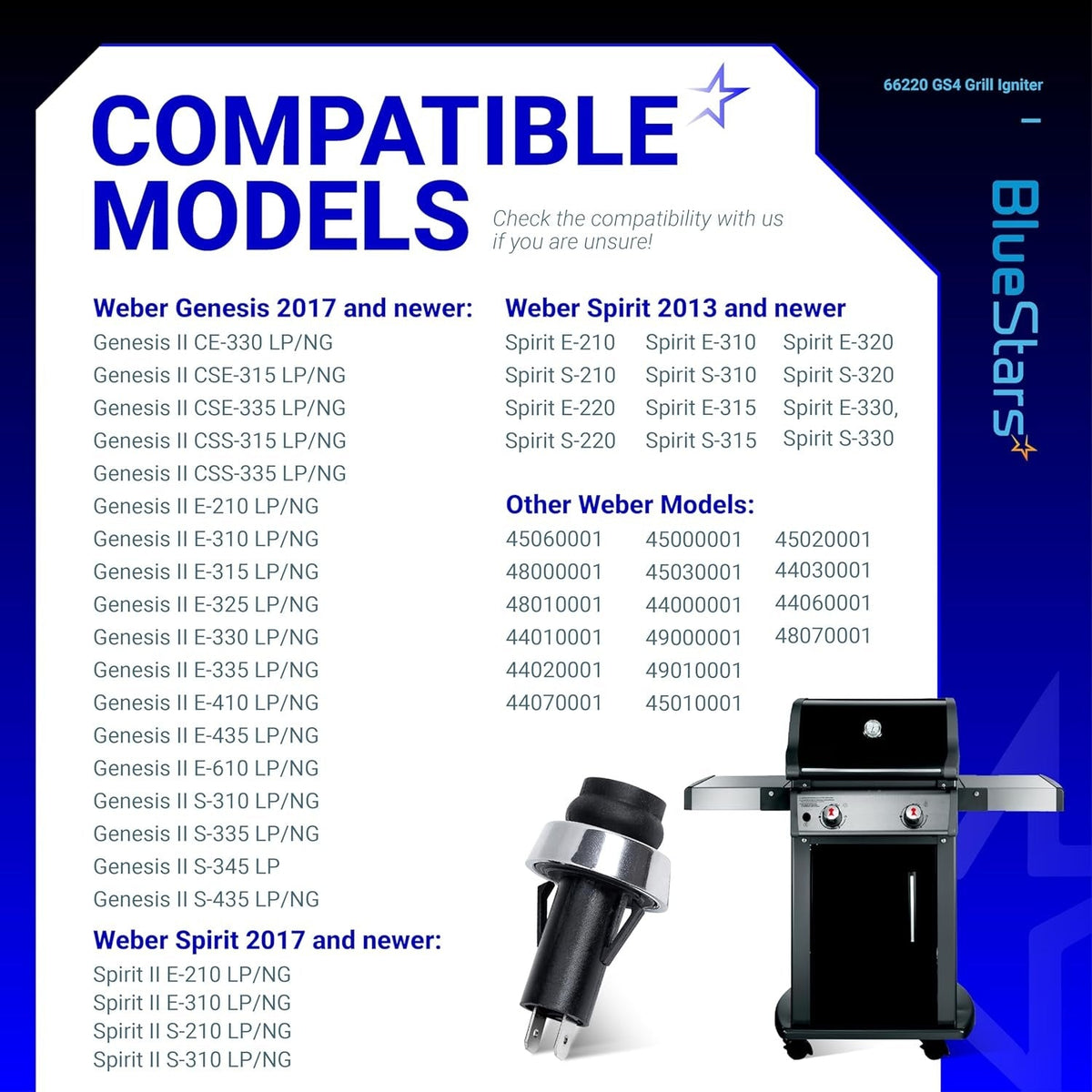 Compatibility chart for 66220 GS4 grill igniter switch listing compatible Weber Genesis and Spirit grill models.