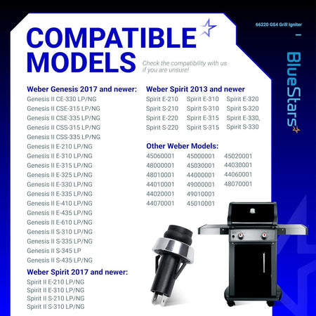Compatibility chart for 66220 GS4 grill igniter switch listing compatible Weber Genesis and Spirit grill models.