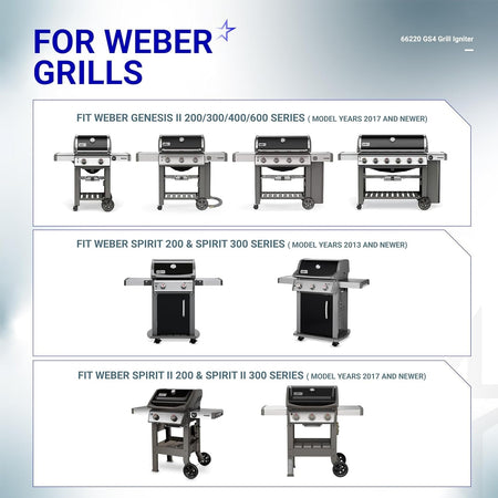 Compatibility chart for 66220 GS4 igniter switch showing Weber Genesis II, Spirit, and Spirit II grill series.