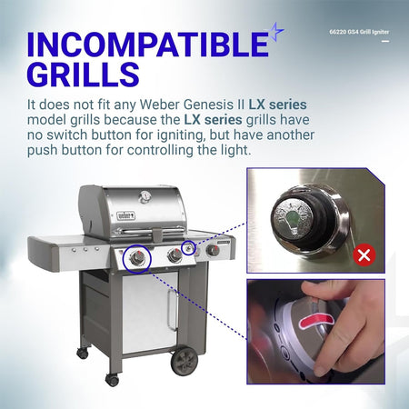 Infographic showing 66220 GS4 Igniter Switch incompatibility with Weber Genesis II LX series grills.