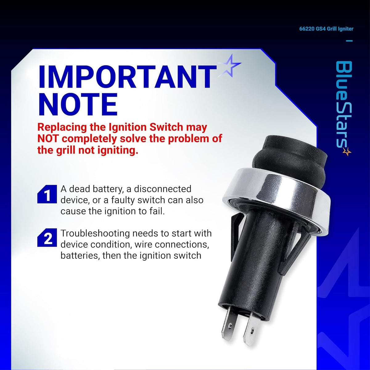 66220 GS4 grill igniter switch with troubleshooting information graphic.