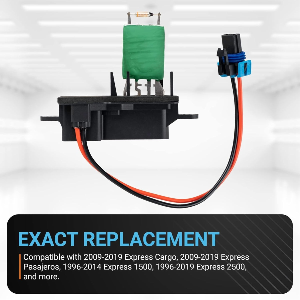 973-407 front HVAC blower motor resistor with wiring harness and connector plug.