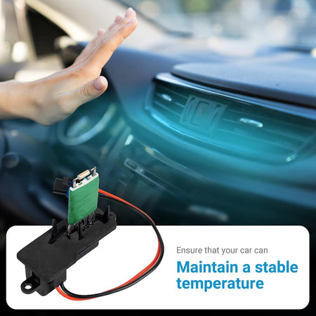 973-407 HVAC blower motor resistor shown with car dashboard and air vent to illustrate temperature control.