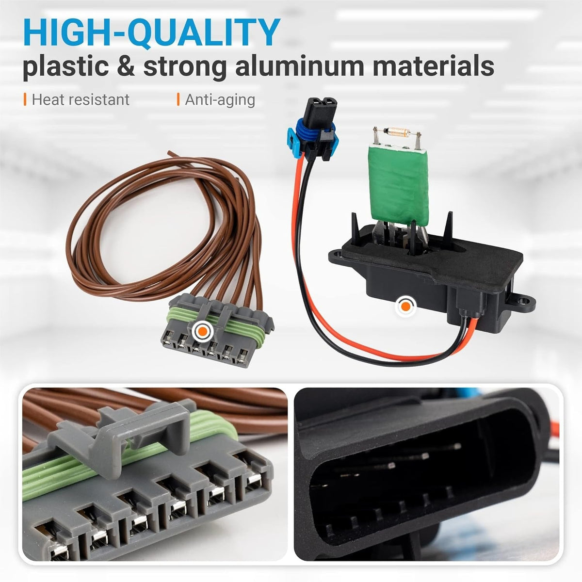 973-407 HVAC blower motor resistor kit with wiring harness and connector close-up views.
