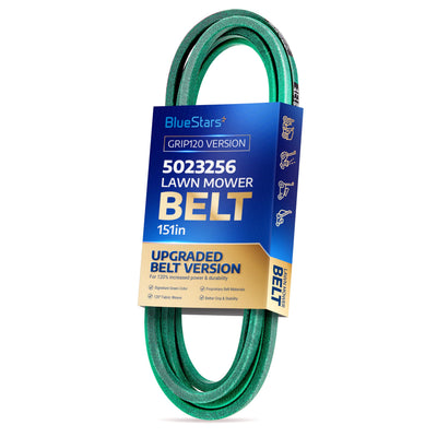 BlueStars 5023256 green lawn mower deck belt, 1/2 inch by 151 inch replacement drive belt in branded packaging.