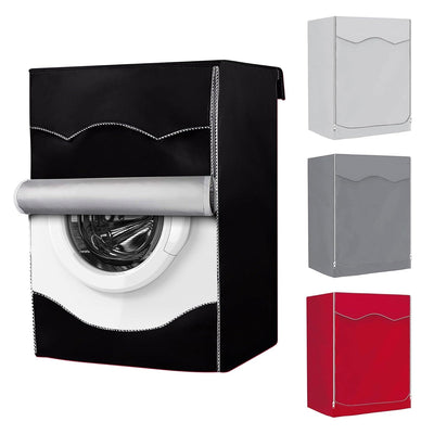 Premium outdoor front-load washing machine cover with roll-up door, available in black, gray, white, and red color options.