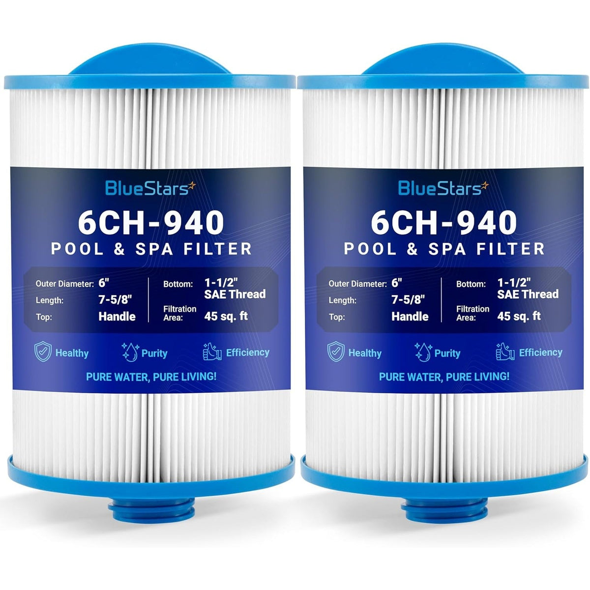 Two 6CH-940 spa filter replacements with 45 sq. ft. filtration area, handle top, and 1-1/2 inch SAE thread bottom.
