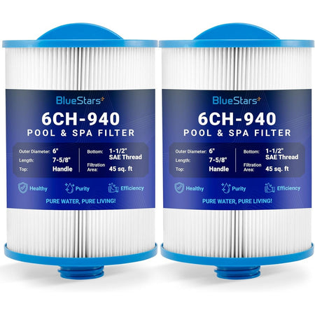 Two 6CH-940 spa filter replacements with 45 sq. ft. filtration area, handle top, and 1-1/2 inch SAE thread bottom.