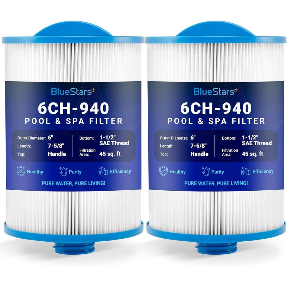 Two 6CH-940 spa filter replacements with 45 sq. ft. filtration area, handle top, and 1-1/2 inch SAE thread bottom.