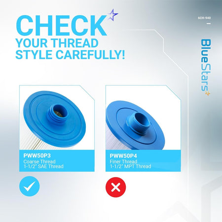 Comparison chart showing 6CH-940 spa filter SAE thread vs MPT thread to verify compatibility.