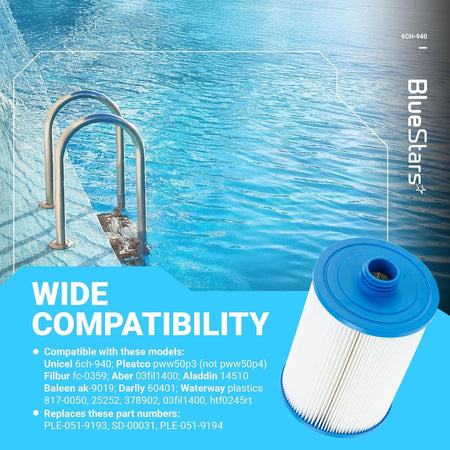 6CH-940 spa filter replacement with SAE thread shown on a compatibility information graphic.