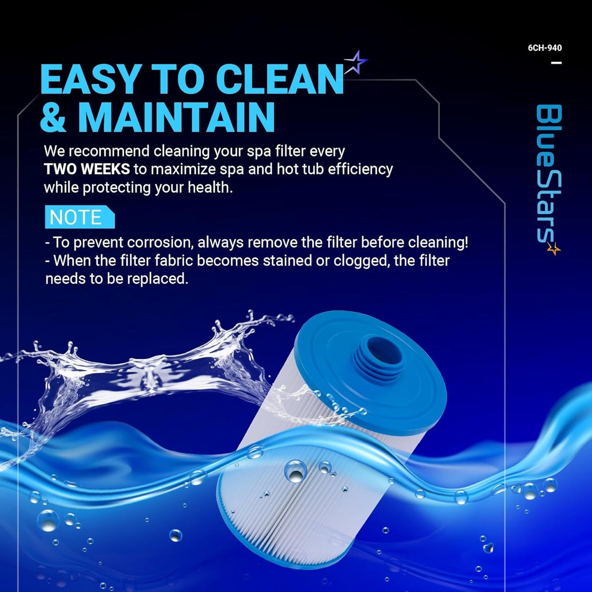 Infographic showing 6CH-940 spa filter cleaning and maintenance instructions with a blue water background.