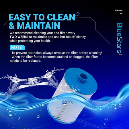 Infographic showing 6CH-940 spa filter cleaning and maintenance instructions with a blue water background.