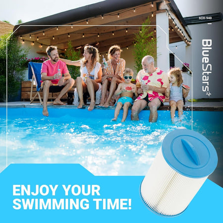 6CH-940 spa filter cartridge for clean pool water, shown with a family enjoying a swimming pool.