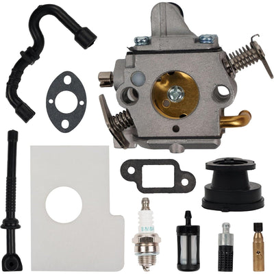 Carburetor tune-up kit for Stihl MS170 and MS180 chainsaws including carburetor, air filter, spark plug, and fuel lines.