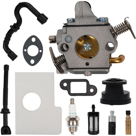 Carburetor tune-up kit for Stihl MS170 and MS180 chainsaws including carburetor, air filter, spark plug, and fuel lines.