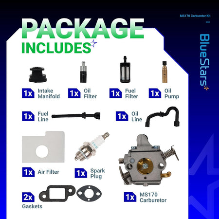 Contents of MS170 chainsaw carburetor tune-up kit including carburetor, air filter, fuel lines, spark plug, and gaskets.