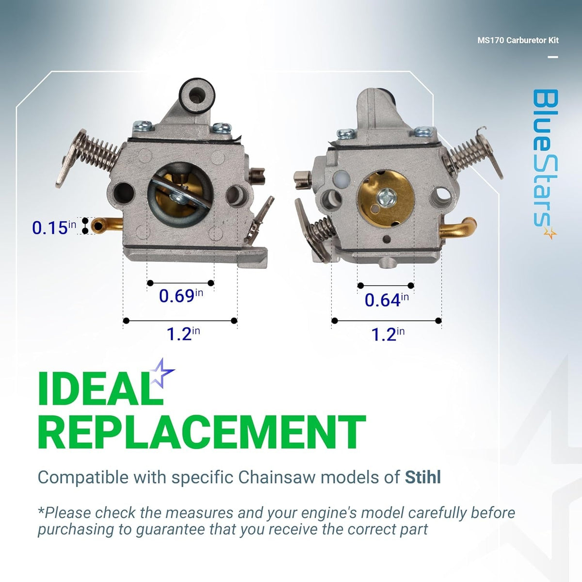 Dimensional diagram of MS170 chainsaw carburetor replacement showing side-by-side views with measurement labels.