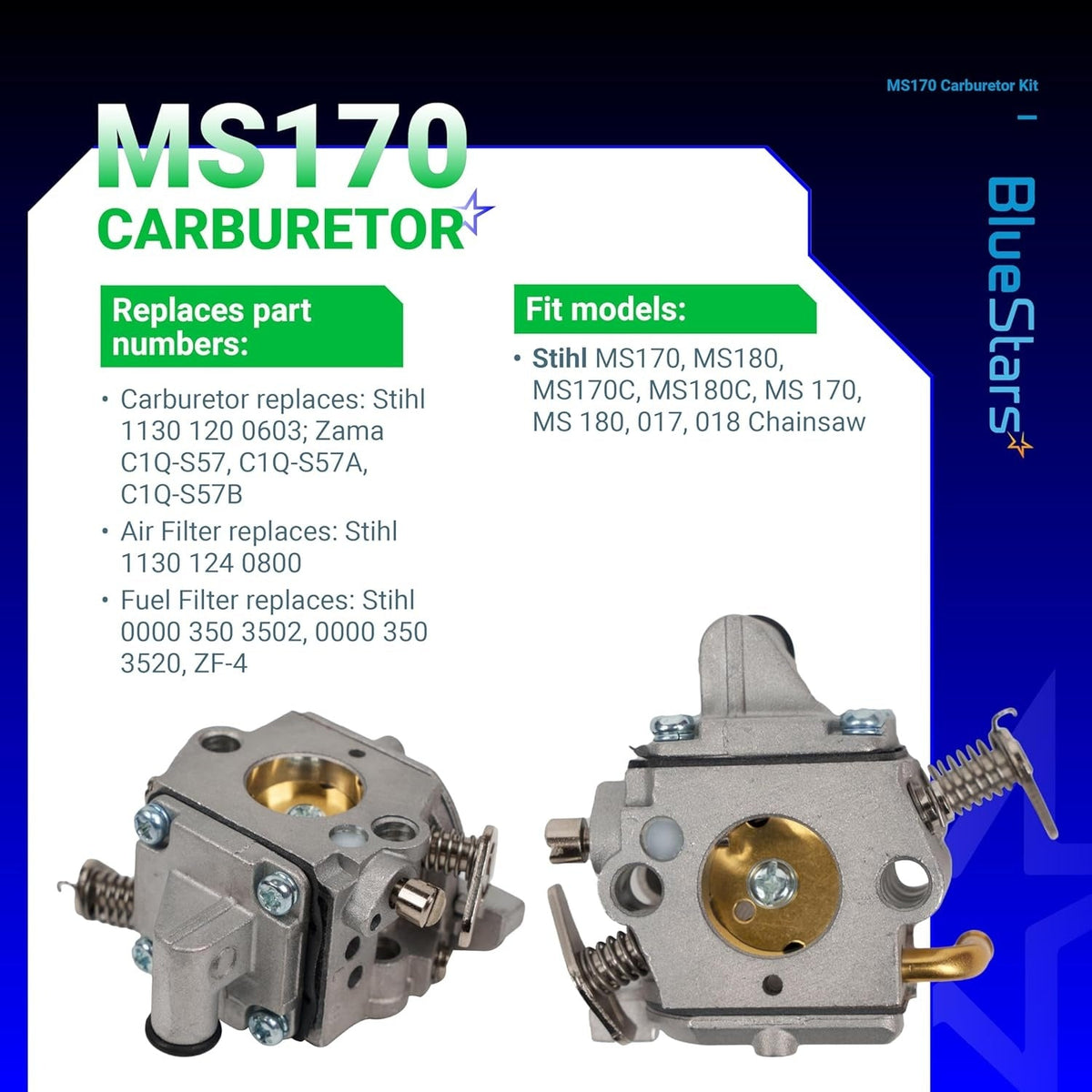 Replacement carburetor for Stihl MS170, MS180, and 017 chainsaws, shown from two angles with compatibility information.