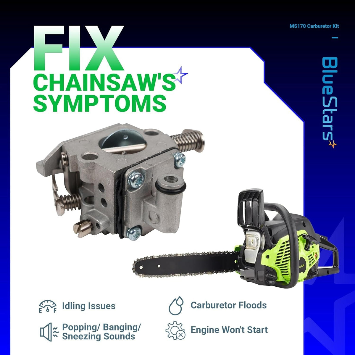 Replacement carburetor for Stihl MS170 MS180 chainsaws shown with a chainsaw and common engine repair symptoms.