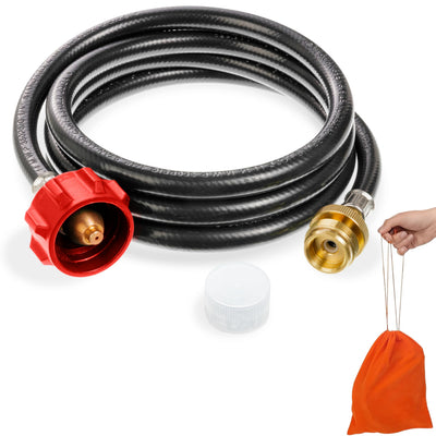 6ft propane hose adapter with QCC1 and CGA600 fittings, protective cap, and orange storage bag.