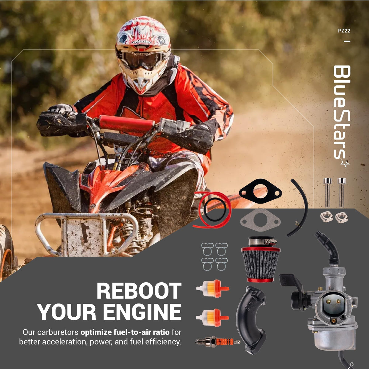 PZ22 22mm carburetor tune-up kit with air filter, intake manifold, and fuel filters for Chinese pit bikes and ATVs.