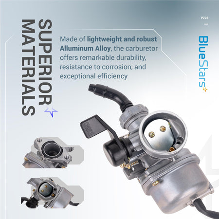 PZ22 22mm carburetor for pit dirt bikes and ATVs showing multiple angles and aluminum alloy construction.