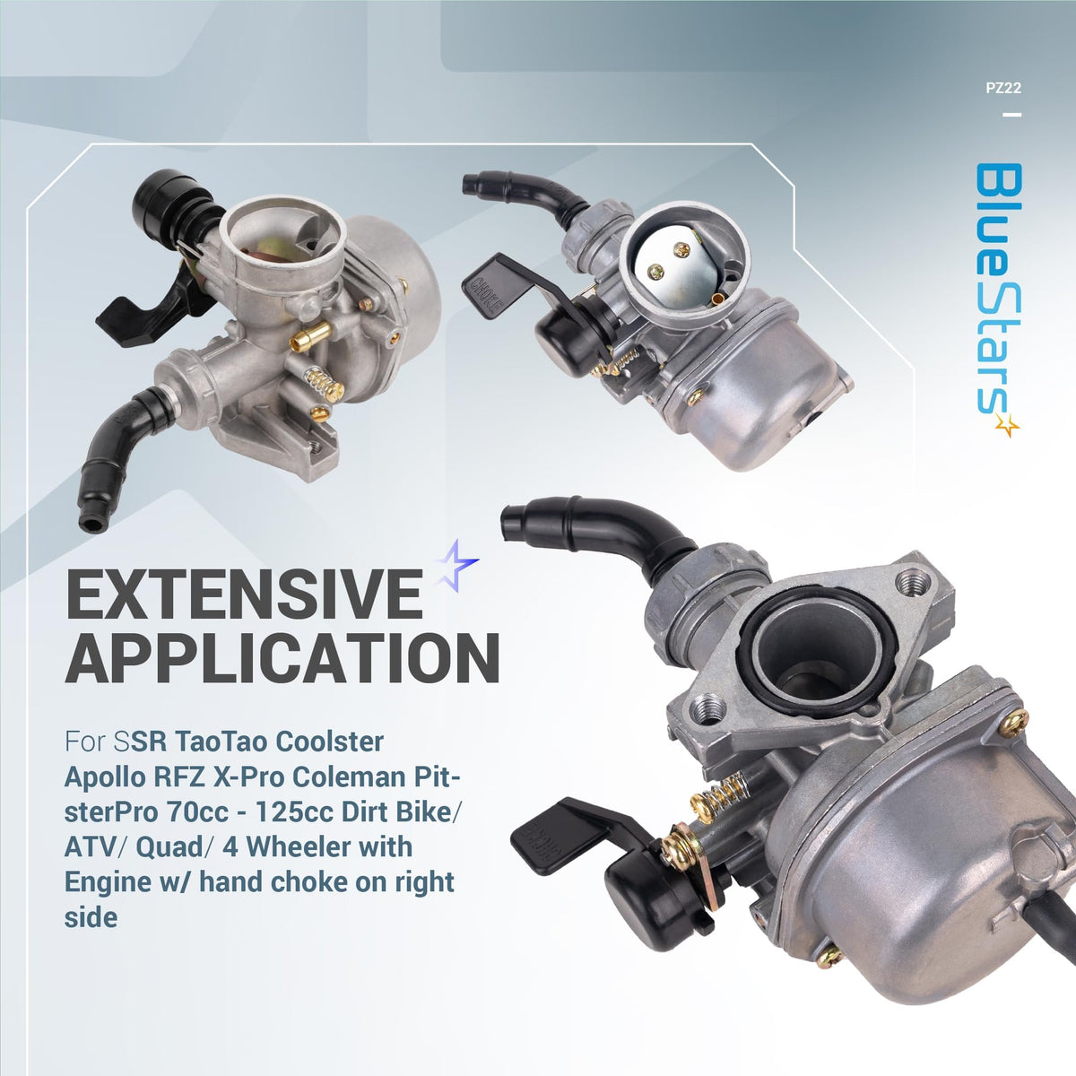 Three views of a PZ22 22mm carburetor for 50cc-125cc pit dirt bikes and ATVs with a right-side hand choke.
